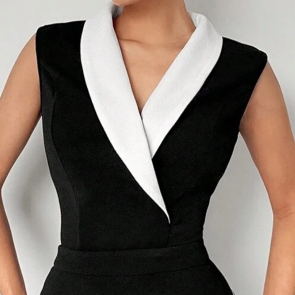 BIZCHIC Sleeveless Bodysuit | Black w/ White Draped Shawl Collar | Medium | NIP - Picture 2 of 7